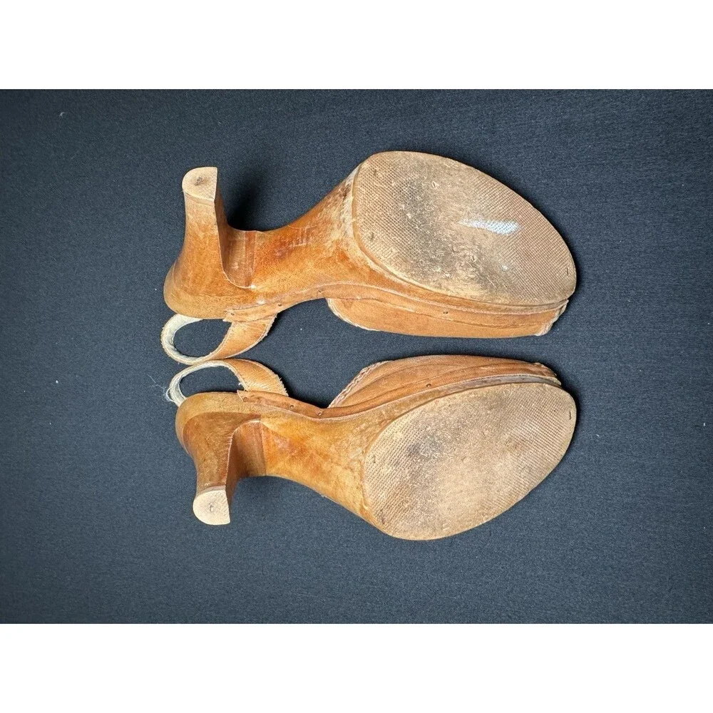 VTG 1970s Rapallo Leather Slingback Wooden Platforms Woodstock Brazil Womens 7